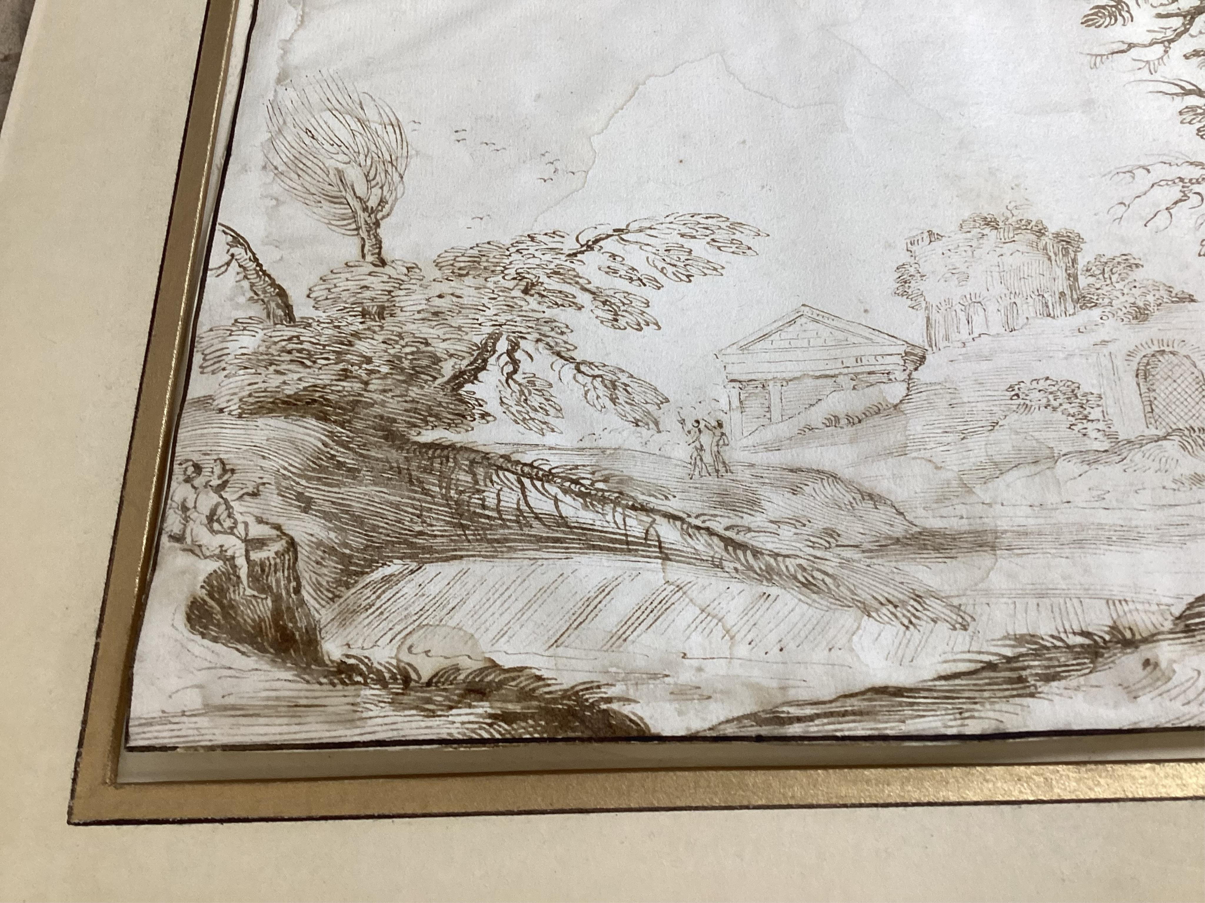 18th century Italian, old master sepia ink sketch, Landscape with ruins, mounted, 25 x 40cm, unframed